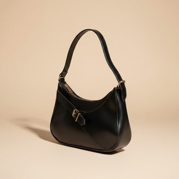 Sleek Black Handbag with Gold Buckle 0050