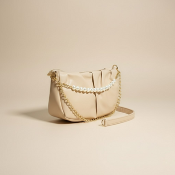 Chic Pearl-Accented Beige Evening Clutch 0073