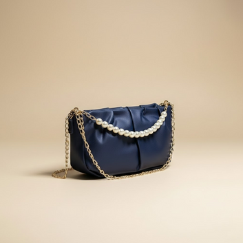 Navy Elegance: Pearl-Adorned Clutch 0069