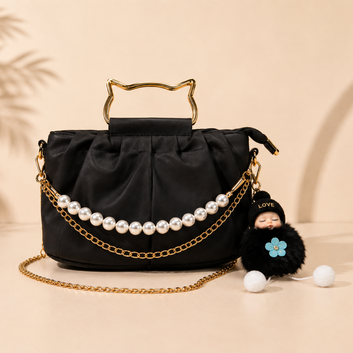 Classic Pearl Chain Detail hangbag With Cute Doll