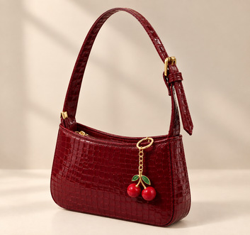 Crocodile Embossed Handbag With Cherry Charm